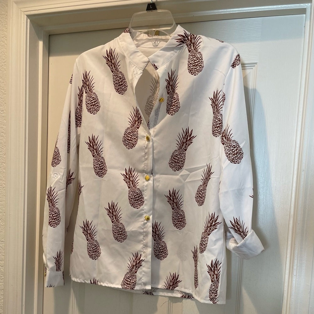 NEW White Sheer Blouse w/ Gold Pineapples
